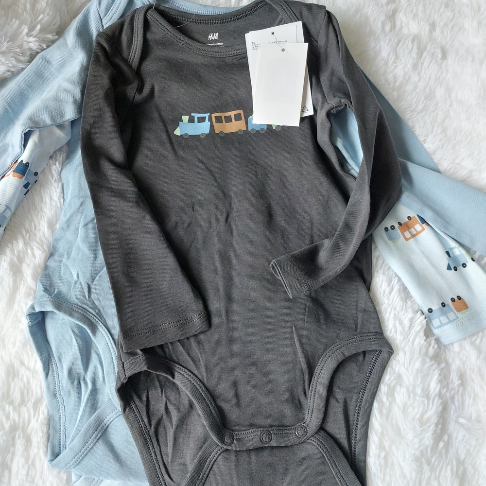 H&M Kids Train Print Bodysuit Set - Dark Gray and Light Blue